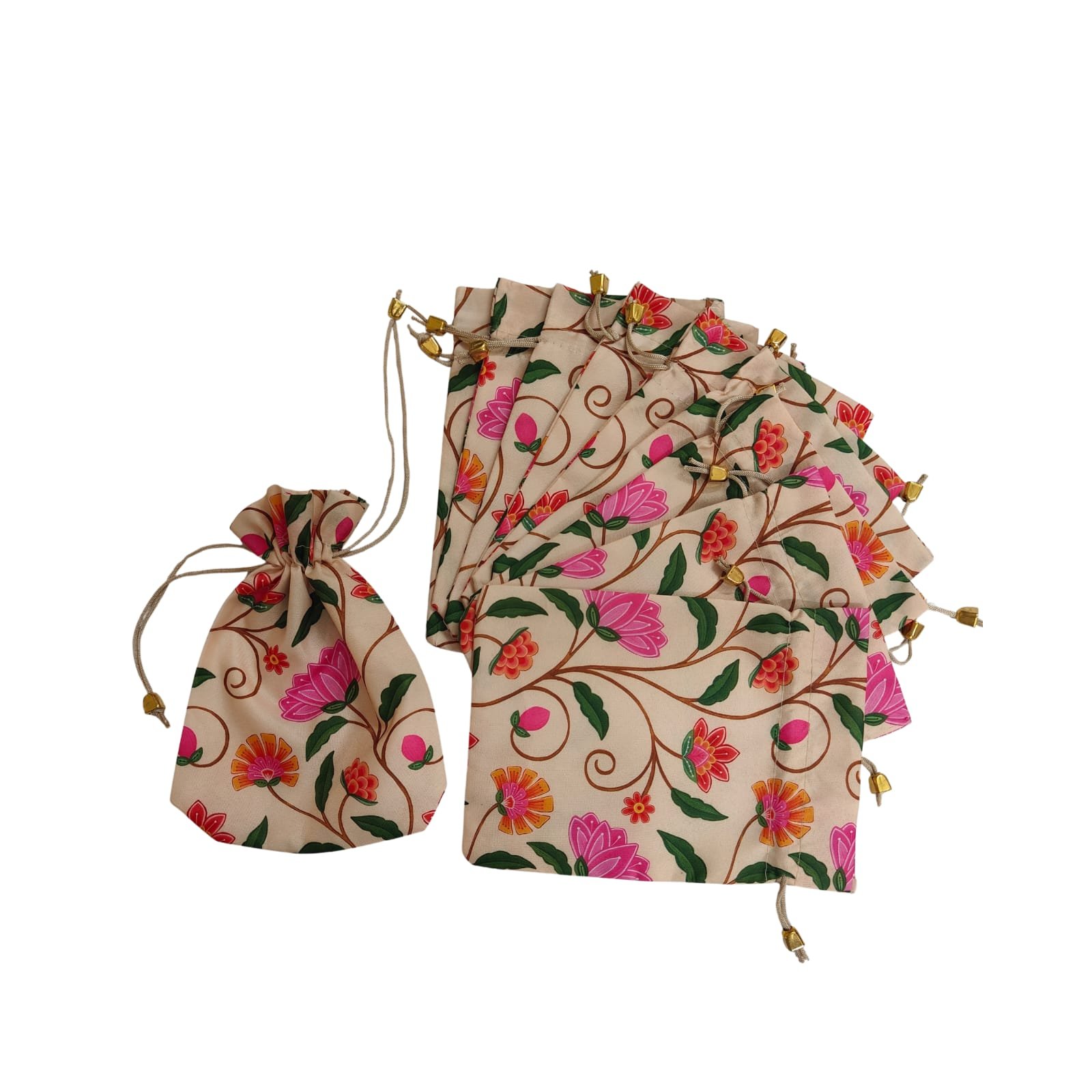 Floral Printed Potly Pouch (Cream Colour) Pack of 10