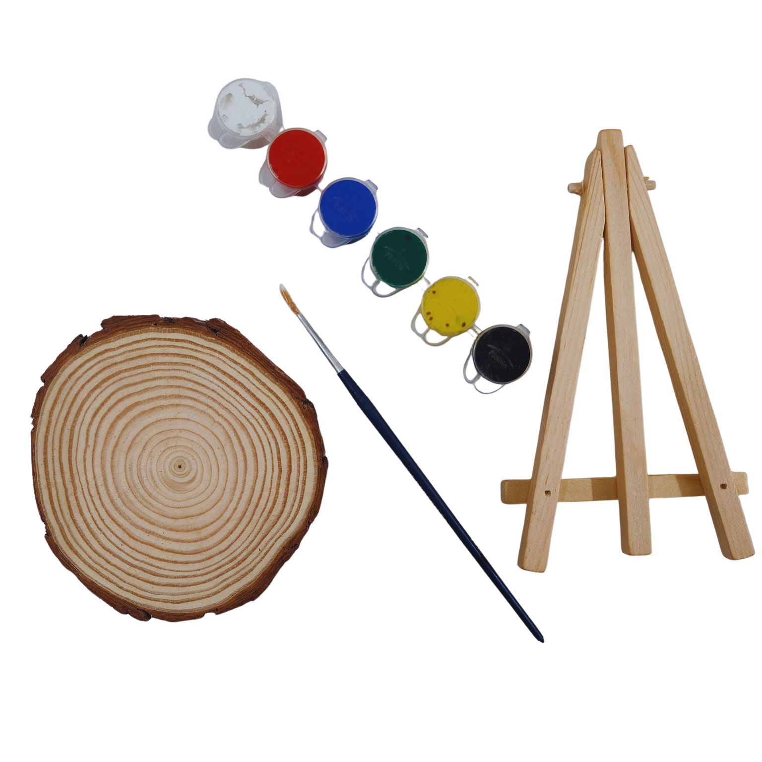 Wooden Painting Logs – 4 inch Wooden Plate,6 inch Stand,6 no’s Water colour,1 Brush)